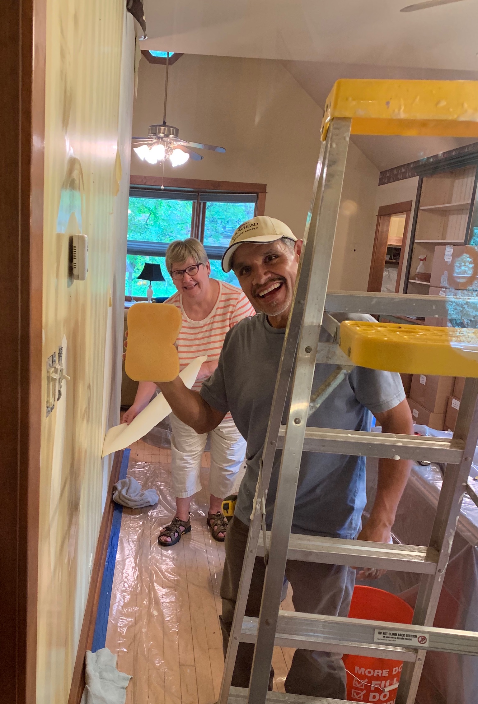 Mary teaches bricklayer to remove wallpaper